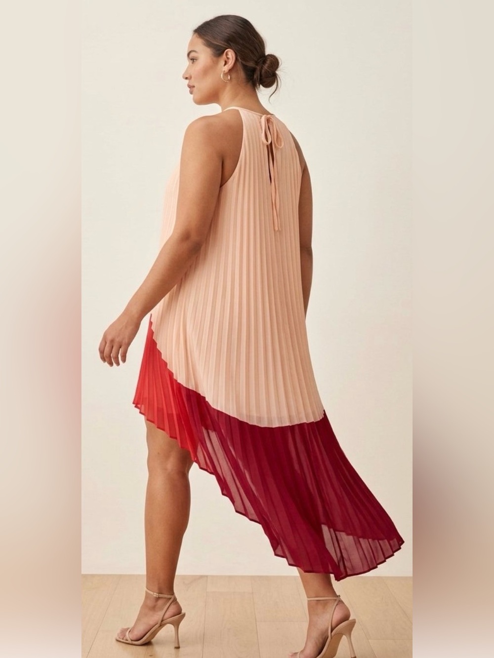 Pleated Halter High-Low Midi Dress Two-Tone Pink Red Size L